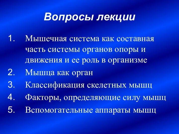 Вопросы лекции Мышечная система как составная часть системы органов опоры и