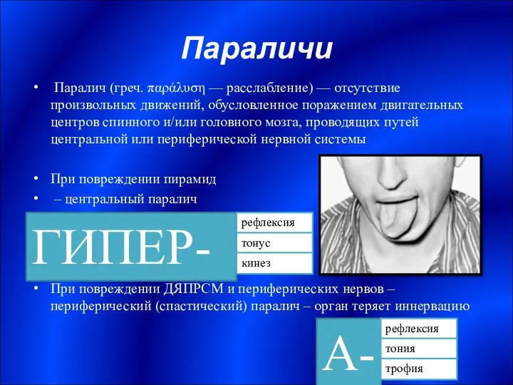 Параличи Паралич (греч. παράλυση — расслабление) — отсутствие произвольных движений, обусловленное