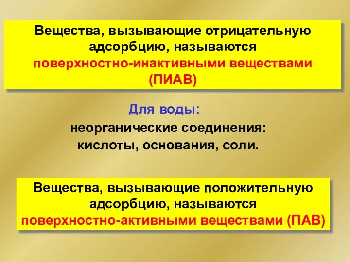 неорганические соединения: кислоты, основания, соли. Для воды: Вещества, вызывающие положительную адсорбцию,