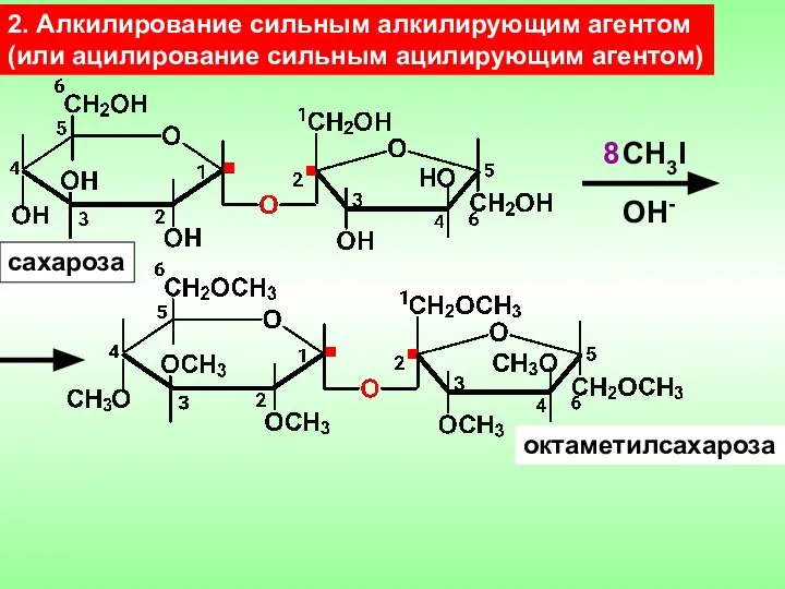 2. Алкилирование сильным алкилирующим агентом (или ацилирование сильным ацилирующим агентом) сахароза СН3I 8 OН- октаметилсахароза