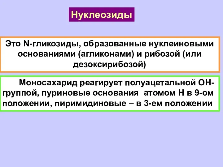 Нуклеозиды Это N-гликозиды, образованные нуклеиновыми основаниями (агликонами) и рибозой (или дезоксирибозой)