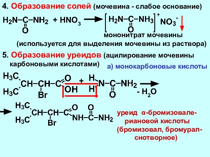 4. Образование солей (мочевина - слабое основание) + HNO3 мононитрат мочевины