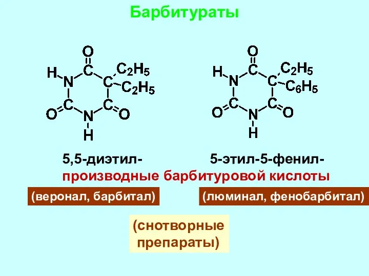 Барбитураты (снотворные препараты) 5,5-диэтил- 5-этил-5-фенил- производные барбитуровой кислоты (веронал, барбитал) (люминал, фенобарбитал)