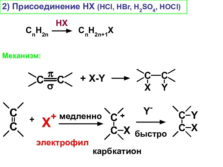 + X-Y + электрофил медленно карбкатион Y- быстро 2) Присоединение НХ
