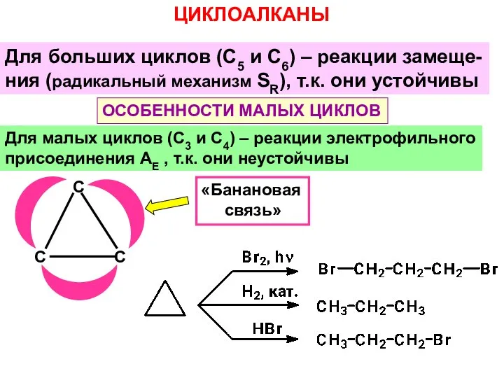 Для малых циклов (С3 и С4) – реакции электрофильного присоединения AE