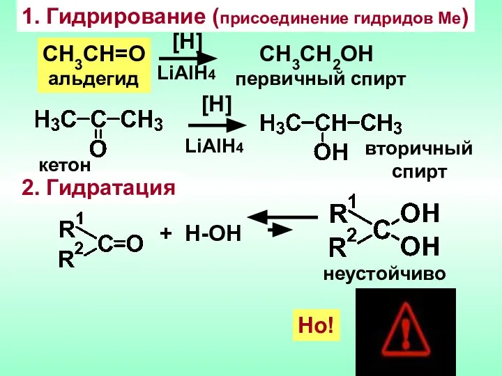 1. Гидрирование (присоединение гидридов Me) CH3CH=O альдегид [Н] СН3СН2ОН первичный спирт