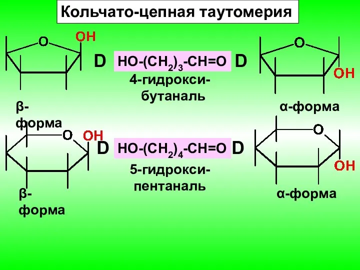 Кольчато-цепная таутомерия HO-(CH2)3-CH=O 4-гидрокси- бутаналь D D β-форма α-форма HO-(CH2)4-CH=O 5-гидрокси- пентаналь D D β-форма α-форма