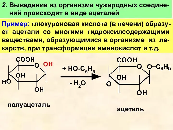 2. Выведение из организма чужеродных соедине- ний происходит в виде ацеталей