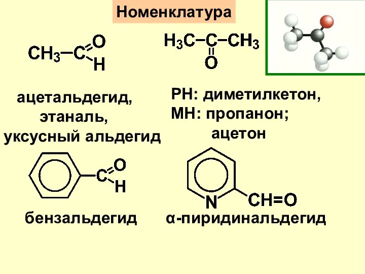Номенклатура РН: диметилкетон, МН: пропанон; ацетон ацетальдегид, этаналь, уксусный альдегид бензальдегид α-пиридинальдегид