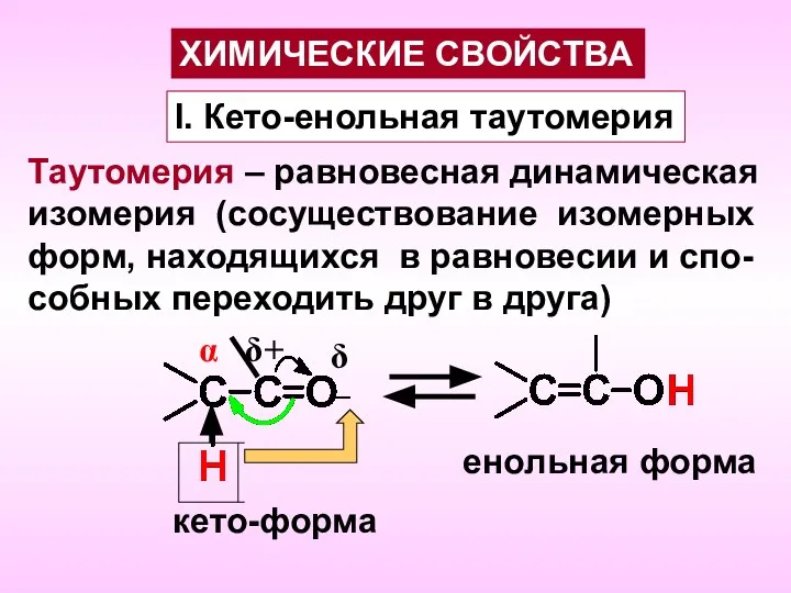 I. Кето-енольная таутомерия Таутомерия – равновесная динамическая изомерия (сосуществование изомерных форм,
