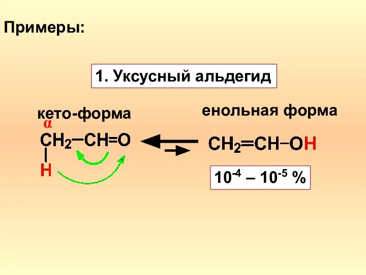 Примеры: 1. Уксусный альдегид кето-форма енольная форма α 10-4 – 10-5 %