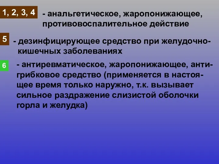 1, 2, 3, 4 - анальгетическое, жаропонижающее, противовоспалительное действие 5 -