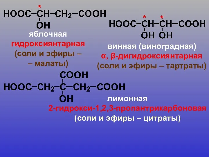 яблочная гидроксиянтарная (соли и эфиры – – малаты) винная (виноградная) α,