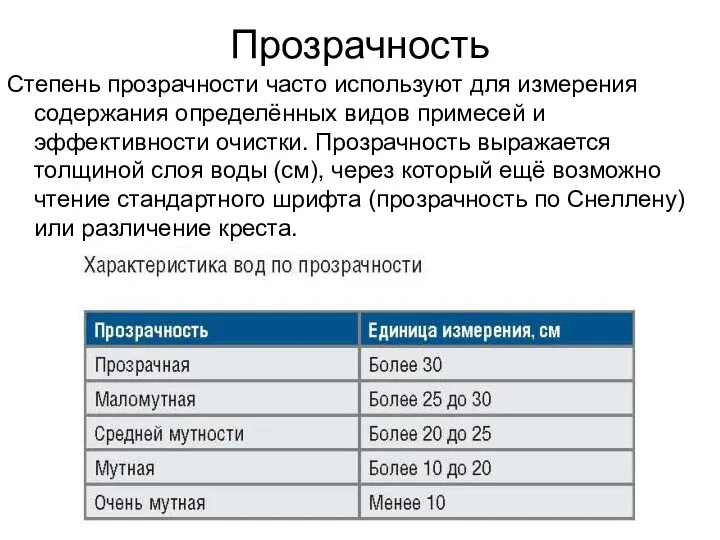 Прозрачность Степень прозрачности часто используют для измерения содержания определённых видов примесей