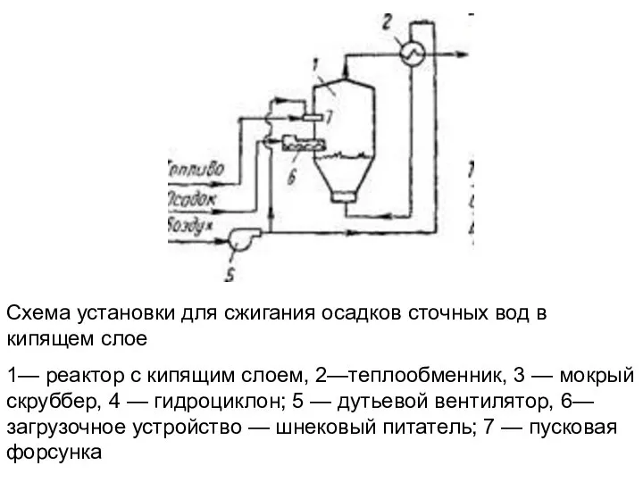 Схема установки для сжигания осадков сточных вод в кипящем слое 1—