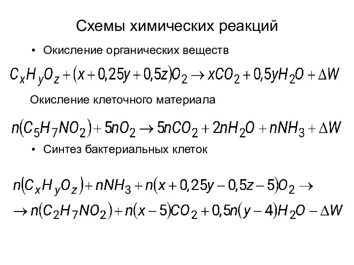 Схемы химических реакций Окисление органических веществ Окисление клеточного материала Синтез бактериальных клеток