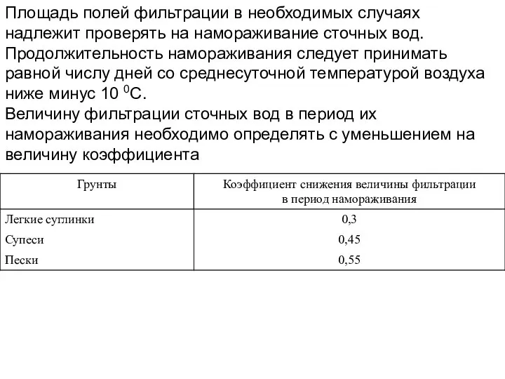 Площадь полей фильтрации в необходимых случаях надлежит проверять на намораживание сточных