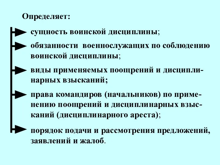 сущность воинской дисциплины; обязанности военнослужащих по соблюдению воинской дисциплины; права командиров