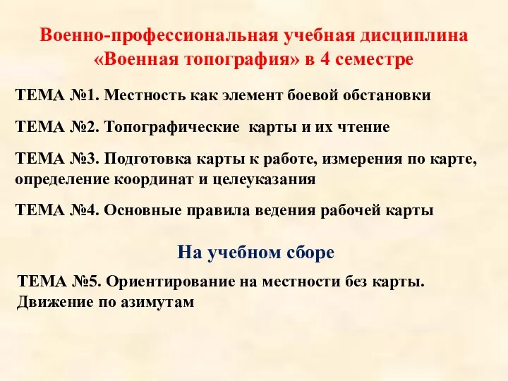 ТЕМА №1. Местность как элемент боевой обстановки Военно-профессиональная учебная дисциплина «Военная