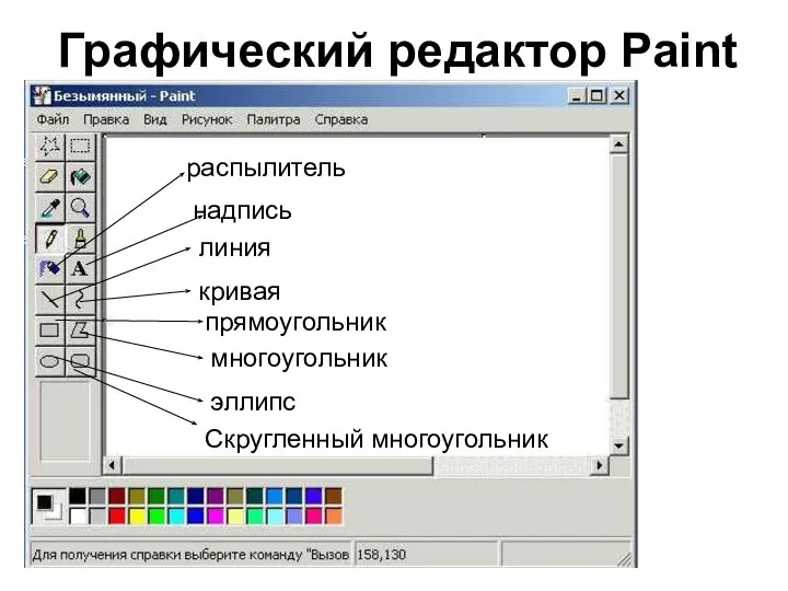 Графический редактор Paint распылитель надпись линия кривая прямоугольник многоугольник эллипс Скругленный многоугольник