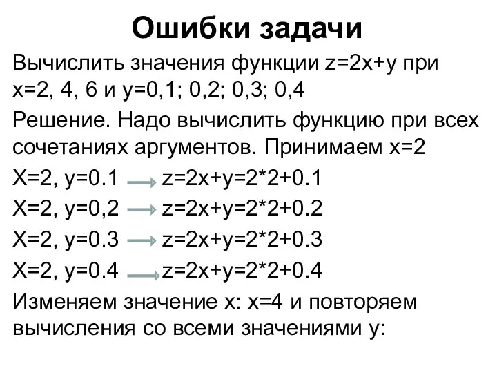 Ошибки задачи Вычислить значения функции z=2x+y при х=2, 4, 6 и