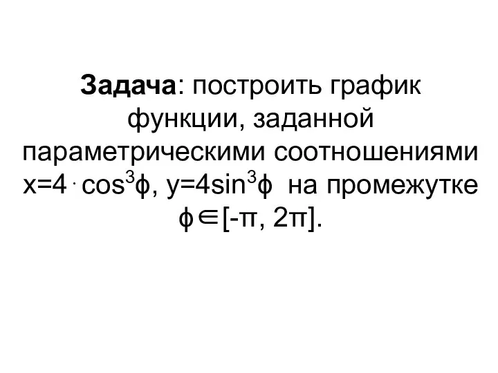 Задача: построить график функции, заданной параметрическими соотношениями x=4⋅cos3ϕ, y=4sin3ϕ на промежутке ϕ∈[-π, 2π].