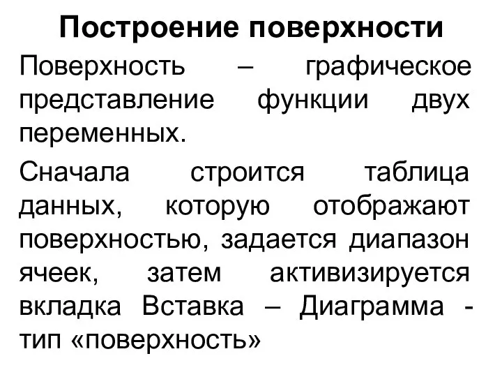 Построение поверхности Поверхность – графическое представление функции двух переменных. Сначала строится