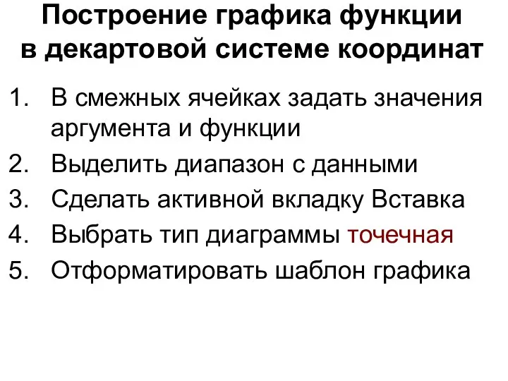 Построение графика функции в декартовой системе координат В смежных ячейках задать