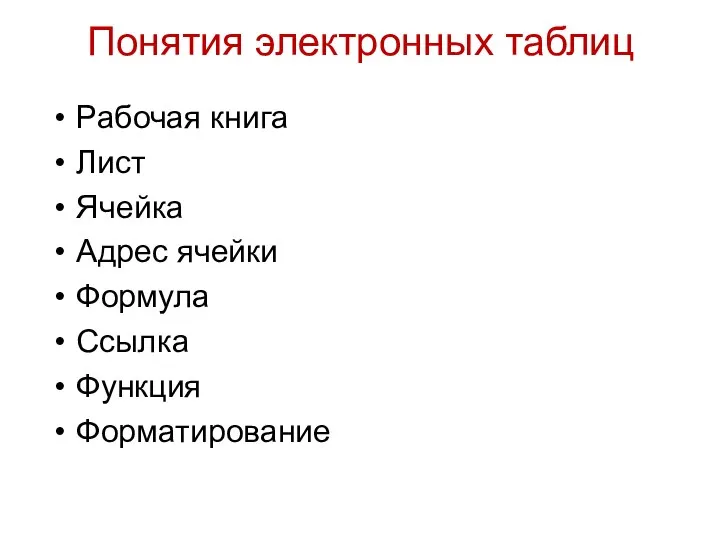 Понятия электронных таблиц Рабочая книга Лист Ячейка Адрес ячейки Формула Ссылка Функция Форматирование