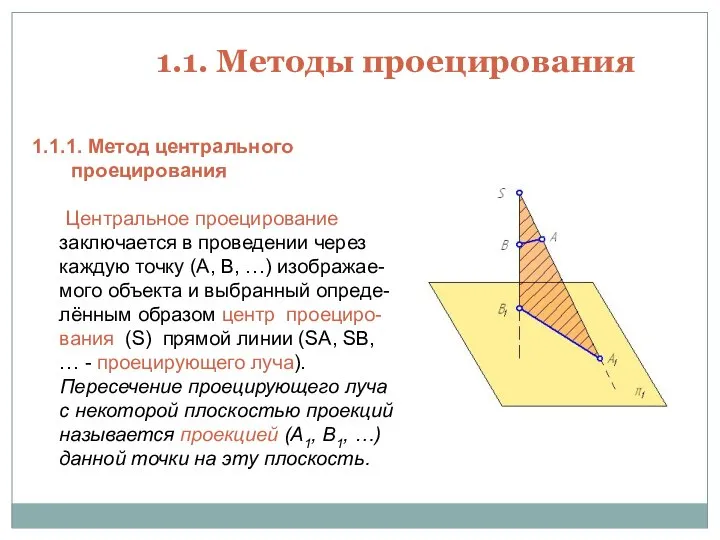 1.1. Методы проецирования 1.1.1. Метод центрального проецирования Центральное проецирование заключается в