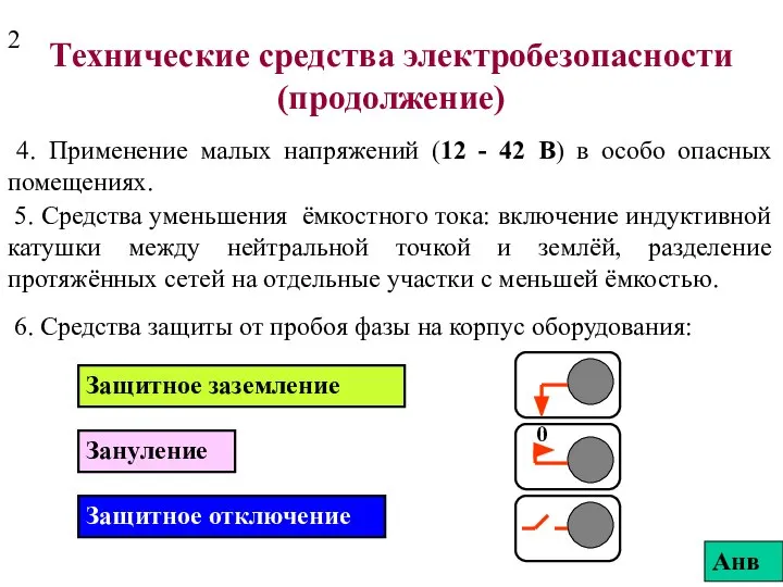 Технические средства электробезопасности (продолжение) 4. Применение малых напряжений (12 - 42