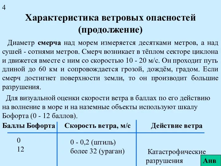 Характеристика ветровых опасностей (продолжение) Диаметр смерча над морем измеряется десятками метров,