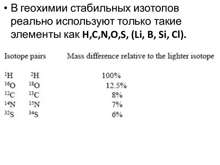 В геохимии стабильных изотопов реально используют только такие элементы как H,C,N,O,S, (Li, B, Si, Cl).