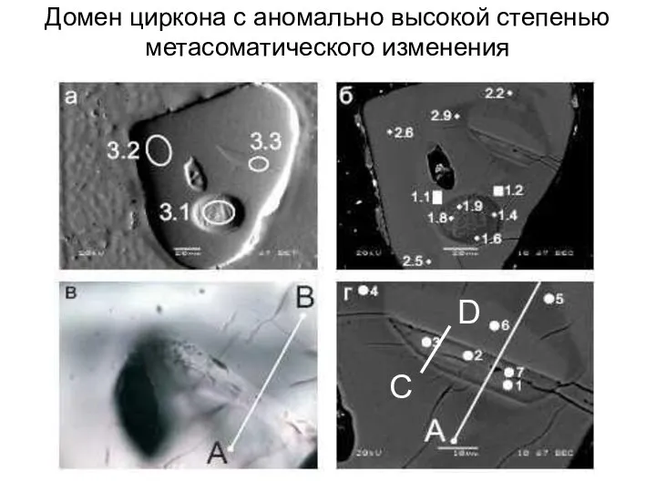 Домен циркона с аномально высокой степенью метасоматического изменения C D