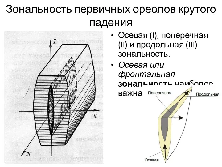 Зональность первичных ореолов крутого падения Осевая (I), поперечная (II) и продольная