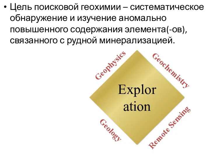 Цель поисковой геохимии – систематическое обнаружение и изучение аномально повышенного содержания элемента(-ов), связанного с рудной минерализацией.