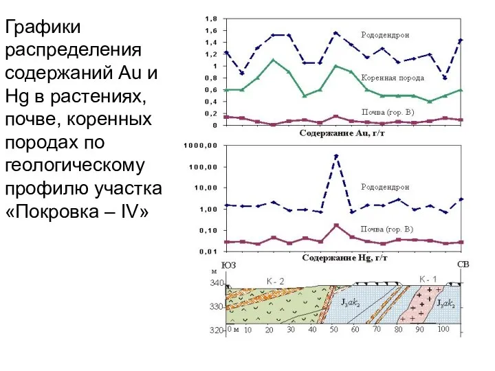 Графики распределения содержаний Au и Hg в растениях, почве, коренных породах