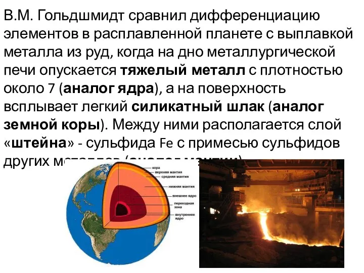 В.М. Гольдшмидт сравнил дифференциацию элементов в расплавленной планете с выплавкой металла