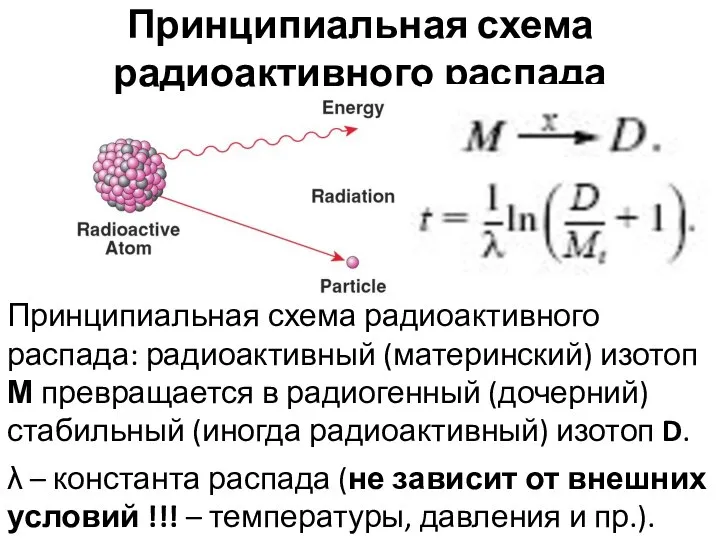 Принципиальная схема радиоактивного распада λ – константа распада (не зависит от