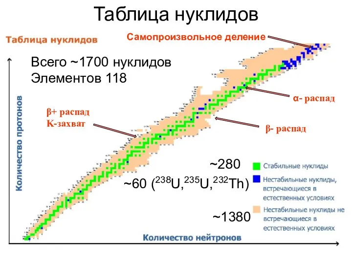 Таблица нуклидов ~280 ~60 (238U,235U,232Th) ~1380 Всего ~1700 нуклидов Элементов 118