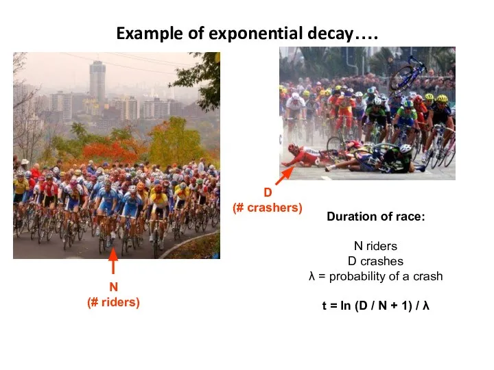 Example of exponential decay…. Duration of race: N riders D crashes