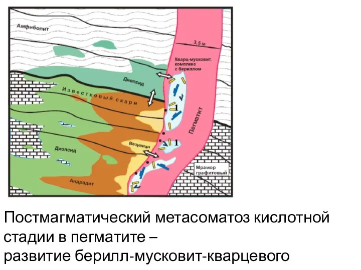 Постмагматический метасоматоз кислотной стадии в пегматите – развитие берилл-мусковит-кварцевого комплекса.