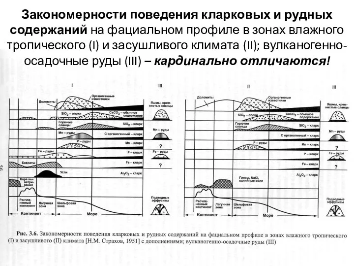 Закономерности поведения кларковых и рудных содержаний на фациальном профиле в зонах