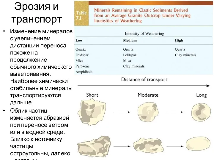 Эрозия и транспорт Изменение минералов с увеличением дистанции переноса похоже на