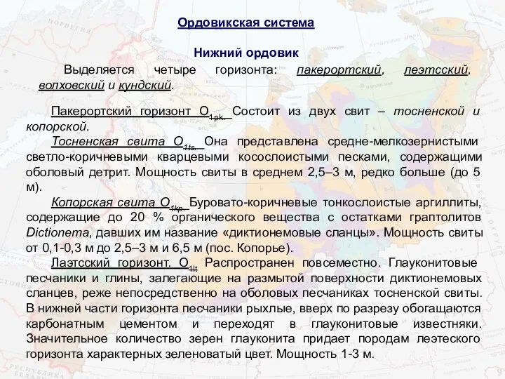 Ордовикская система Нижний ордовик Выделяется четыре горизонта: пакерортский, леэтсский, волховский и