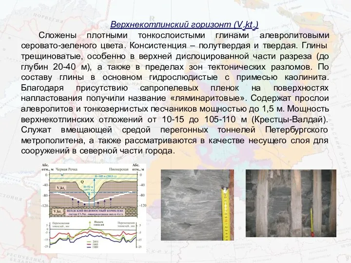 Верхнекотлинский горизонт (V2kt2) Сложены плотными тонкослоистыми глинами алевролитовыми серовато-зеленого цвета. Консистенция