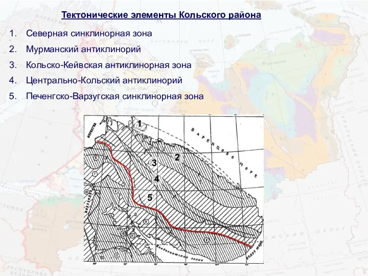 Северная синклинорная зона Мурманский антиклинорий Кольско-Кейвская антиклинорная зона Центрально-Кольский антиклинорий Печенгско-Варзугская