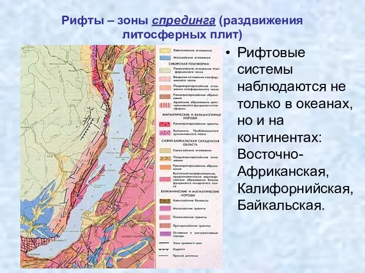 Рифты – зоны спрединга (раздвижения литосферных плит) Рифтовые системы наблюдаются не