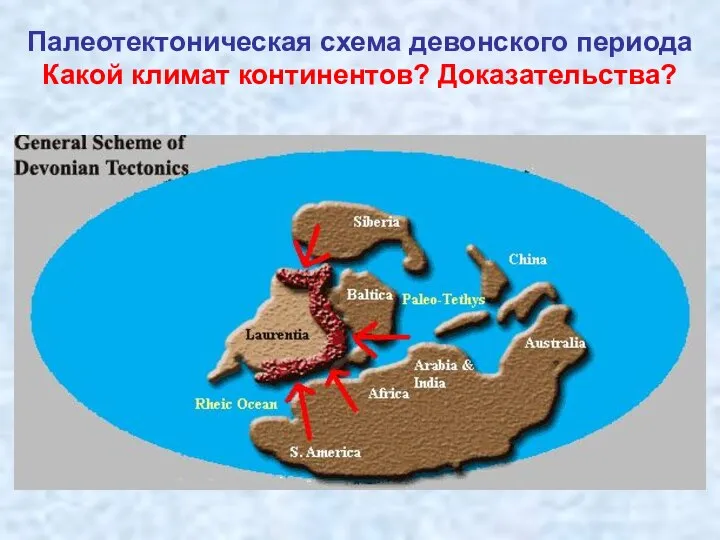 Палеотектоническая схема девонского периода Какой климат континентов? Доказательства?