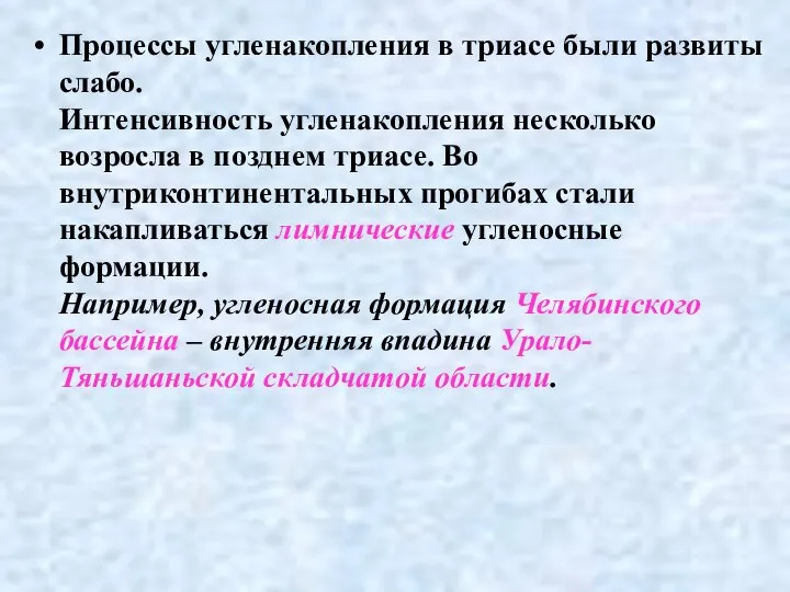 Процессы угленакопления в триасе были развиты слабо. Интенсивность угленакопления несколько возросла